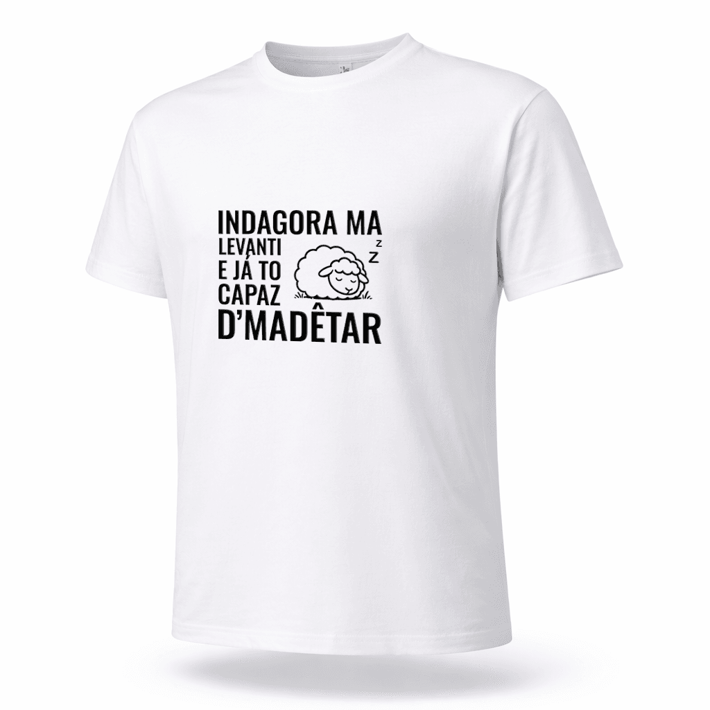 t shirt "indagora ma levanti, e já to capaz d'madêtar"
